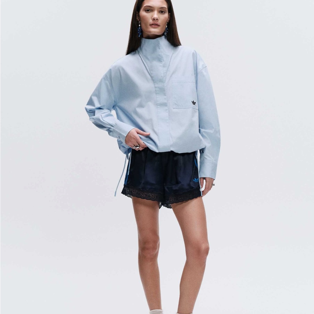 adidas Originals x ASOS regular fit lace hem shorts in navy satin - Picture 4 of 5